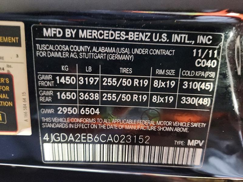 2012 Mercedes-benz Ml მანქანა იყიდება აუქციონზე, vin: 4JGDA2EB6CA023152, აუქციონის ნომერი: 63142626