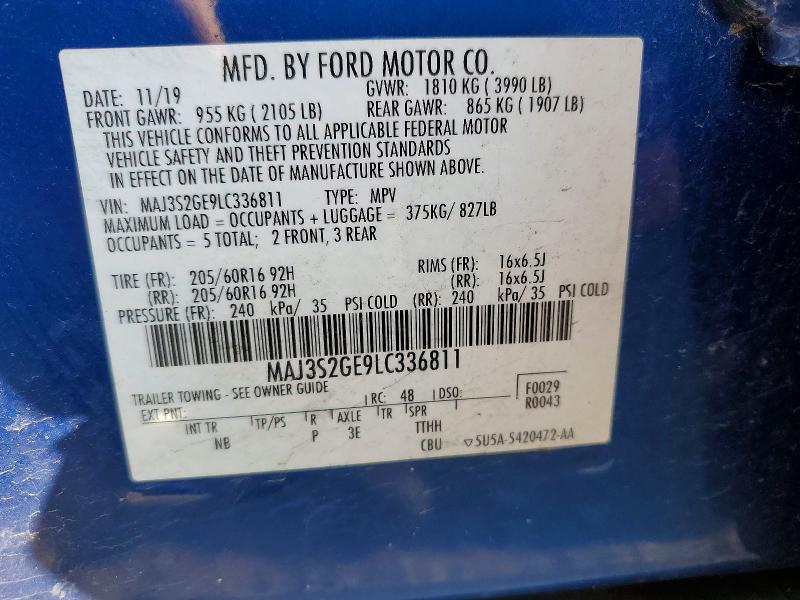 60279646 :رقم المزاد ، MAJ3S2GE9LC336811 vin ، 2020 Ford Ecosport مزاد بيع