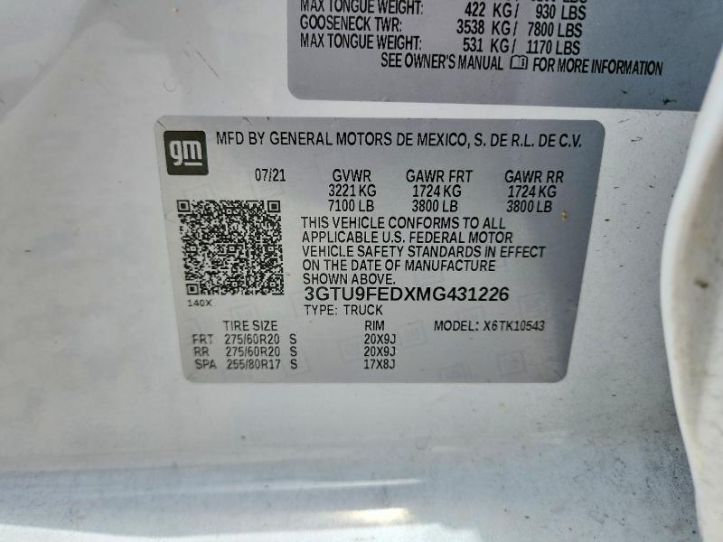 59810216 :رقم المزاد ، 3GTU9FEDXMG431226 vin ، 2021 Gmc Sierra مزاد بيع
