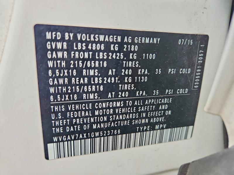 Продаж на аукціоні авто 2016 Volkswagen Tiguan, vin: WVGAV7AX1GW523766, номер лоту: 62349186