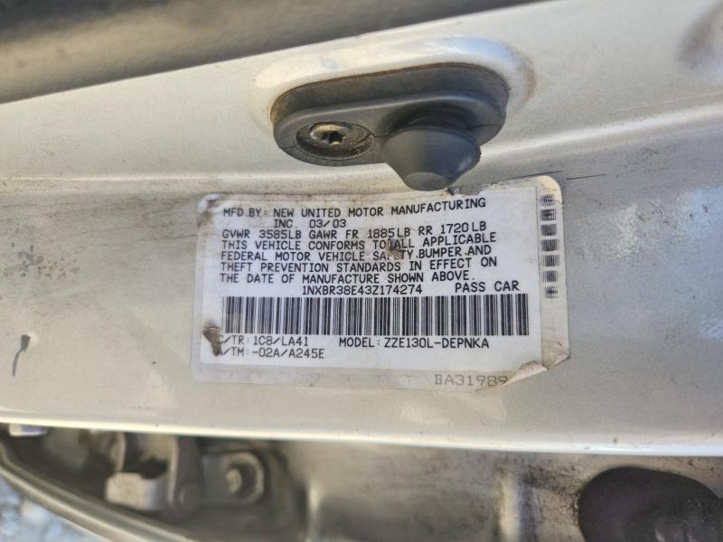 61698366 :رقم المزاد ، 1NXBR38E43Z174274 vin ، 2003 Toyota Corolla مزاد بيع
