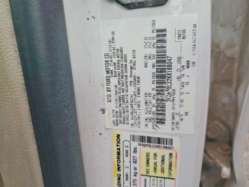 2019 Ford Fusion მანქანა იყიდება აუქციონზე, vin: 3FA6P0LU2KR188047, აუქციონის ნომერი: 60618976