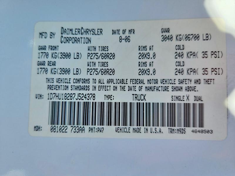 Aukcja sprzedaży 2007 Dodge Ram 1500, vin: 1D7HU18287J524378, numer aukcji: 61390966