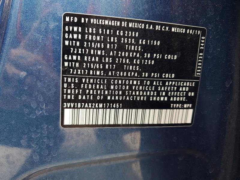 62930876 :رقم المزاد ، 3VV1B7AX2KM171451 vin ، 2019 Volkswagen Tiguan مزاد بيع