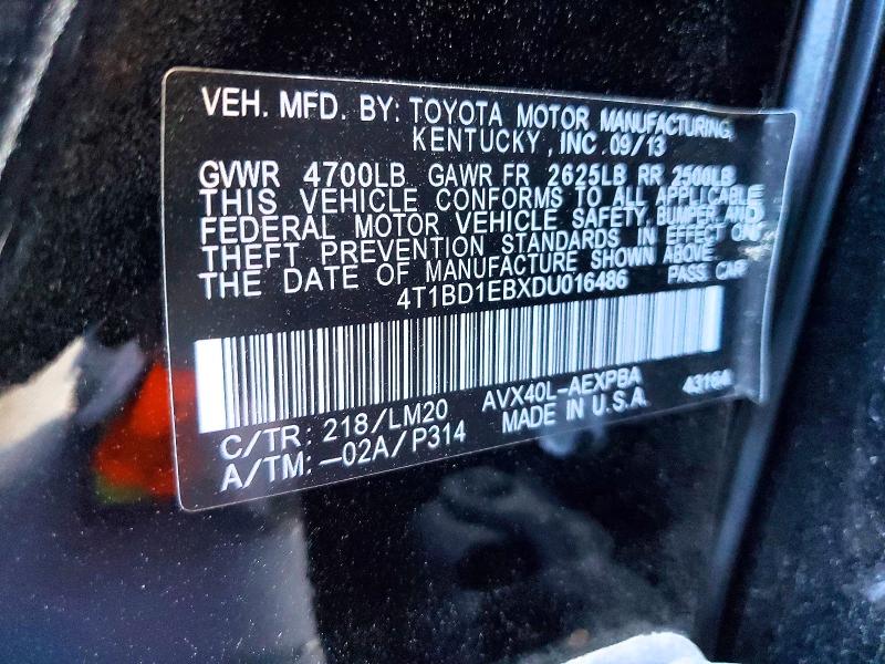 2013 Toyota Avalon Hybrid მანქანა იყიდება აუქციონზე, vin: 4T1BD1EBXDU016486, აუქციონის ნომერი: 62239786