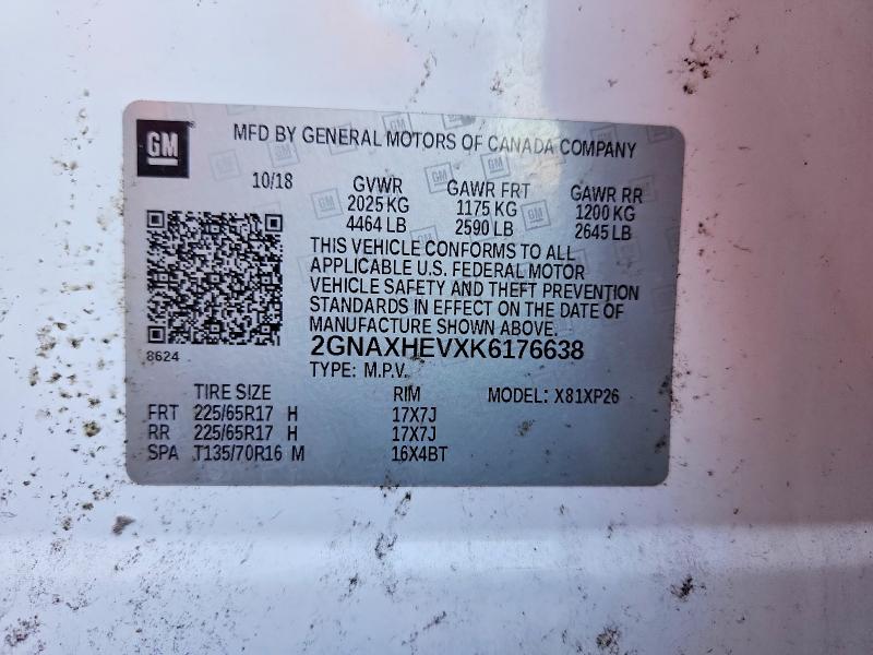 Aukcja sprzedaży 2019 Chevrolet Equinox, vin: 2GNAXHEVXK6176638, numer aukcji: 62409316