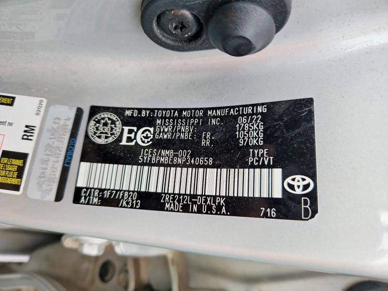 60815206 :رقم المزاد ، 5YFBPMBE8NP340658 vin ، 2022 Toyota Corolla مزاد بيع