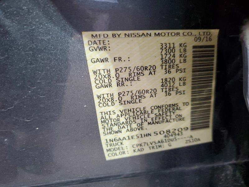 Aukcja sprzedaży 2017 Nissan Titan, vin: 1N6AA1E51HN508209, numer aukcji: 60440786