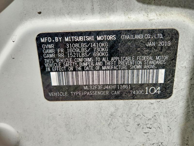 60892006 :رقم المزاد ، ML32F3FJ4KHF11861 vin ، 2019 Mitsubishi Mirage مزاد بيع