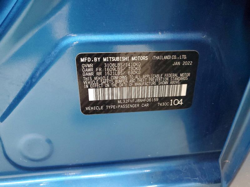 60413806 :رقم المزاد ، ML32FVFJ8NHF06159 vin ، 2022 Mitsubishi Mirage مزاد بيع