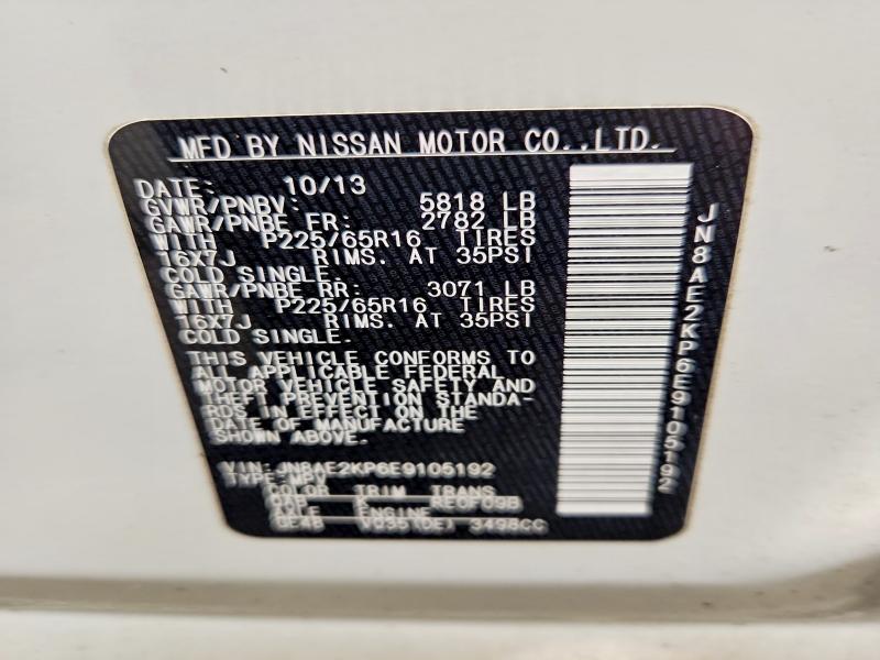 62809086 :رقم المزاد ، JN8AE2KP6E9105192 vin ، 2014 Nissan Quest مزاد بيع
