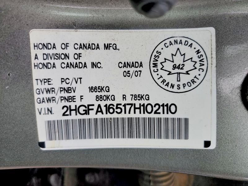 62829186 :رقم المزاد ، 2HGFA16517H102110 vin ، 2007 Honda Civic مزاد بيع