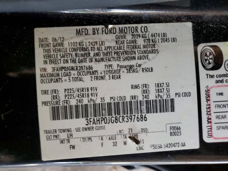 Aukcja sprzedaży 2012 Ford Fusion, vin: 3FAHP0JG8CR397686, numer aukcji: 59973536
