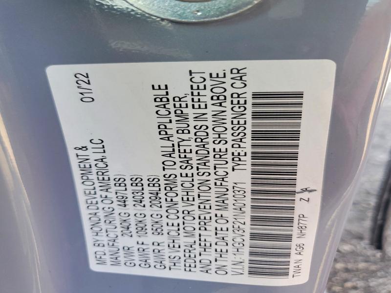Продажа на аукционе авто 2022 Honda Accord, vin: 1HGCV3F21NA010371, номер лота: 62773826