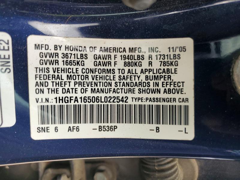 2006 Honda Civic მანქანა იყიდება აუქციონზე, vin: 1HGFA16506L022542, აუქციონის ნომერი: 61745176