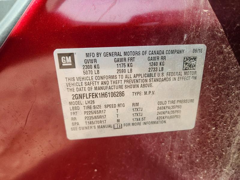 62626296 :رقم المزاد ، 2GNFLFEK1H6106286 vin ، 2017 Chevrolet Equinox مزاد بيع