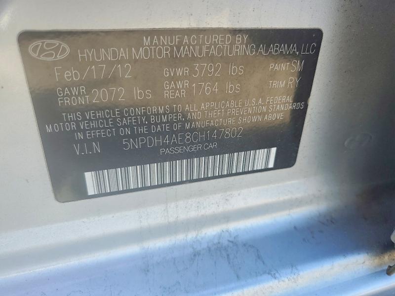 Продаж на аукціоні авто 2012 Hyundai Elantra, vin: 5NPDH4AE8CH147802, номер лоту: 58115396