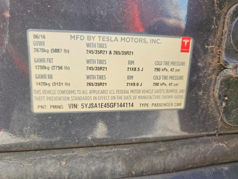 2016 Tesla Model S მანქანა იყიდება აუქციონზე, vin: 5YJSA1E45GF144114, აუქციონის ნომერი: 62261586