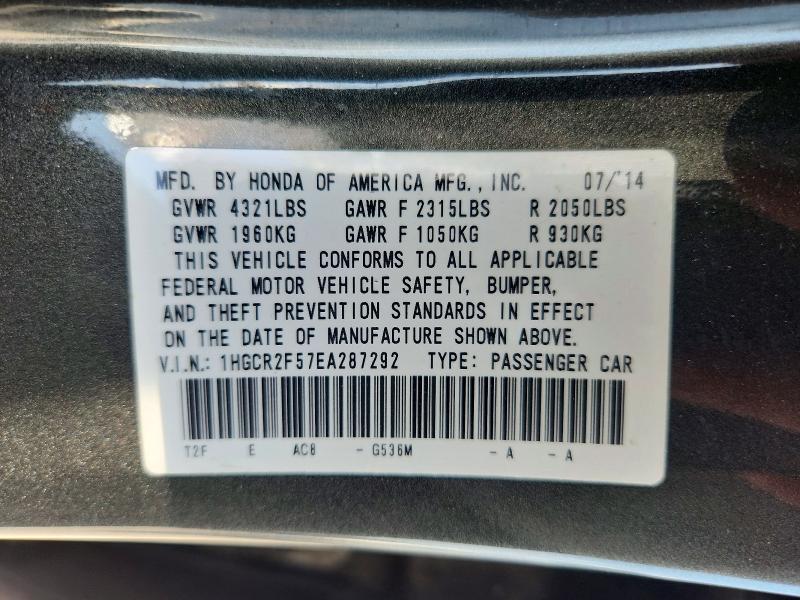 2014 Honda Accord მანქანა იყიდება აუქციონზე, vin: 1HGCR2F57EA287292, აუქციონის ნომერი: 63036876