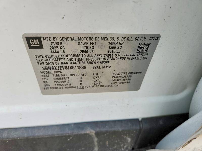 Aukcja sprzedaży 2018 Chevrolet Equinox, vin: 3GNAXJEV0JS611836, numer aukcji: 62198526