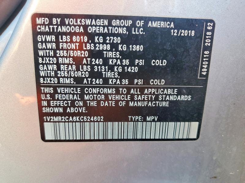 59946426 :رقم المزاد ، 1V2MR2CA6KC524602 vin ، 2019 Volkswagen Atlas مزاد بيع
