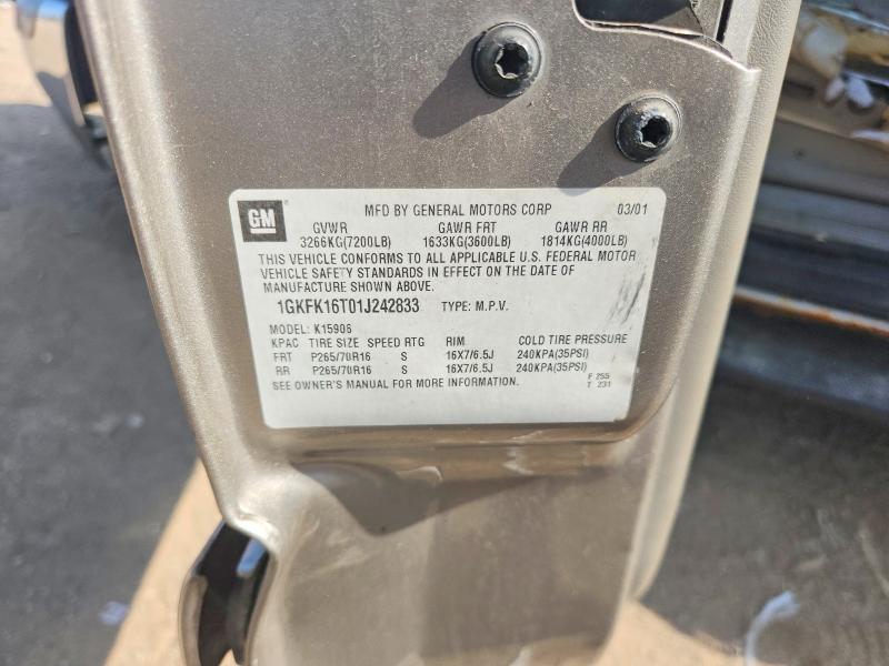 2001 Gmc Yukon Xl მანქანა იყიდება აუქციონზე, vin: 1GKFK16T01J242833, აუქციონის ნომერი: 60189816
