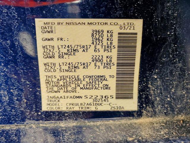 2021 Nissan Titan Xd მანქანა იყიდება აუქციონზე, vin: 1N6AA1FA0MN522365, აუქციონის ნომერი: 62228306