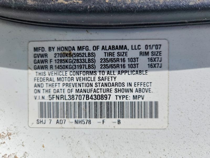 Aukcja sprzedaży 2007 Honda Odyssey, vin: 5FNRL38707B430897, numer aukcji: 62394996