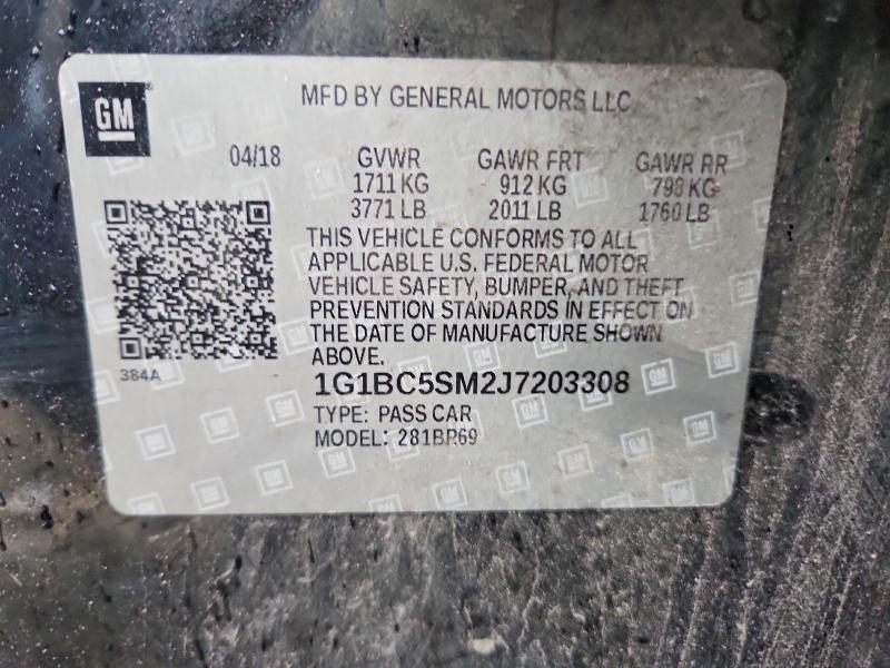 2018 Chevrolet Cruze მანქანა იყიდება აუქციონზე, vin: 1G1BC5SM2J7203308, აუქციონის ნომერი: 61796206