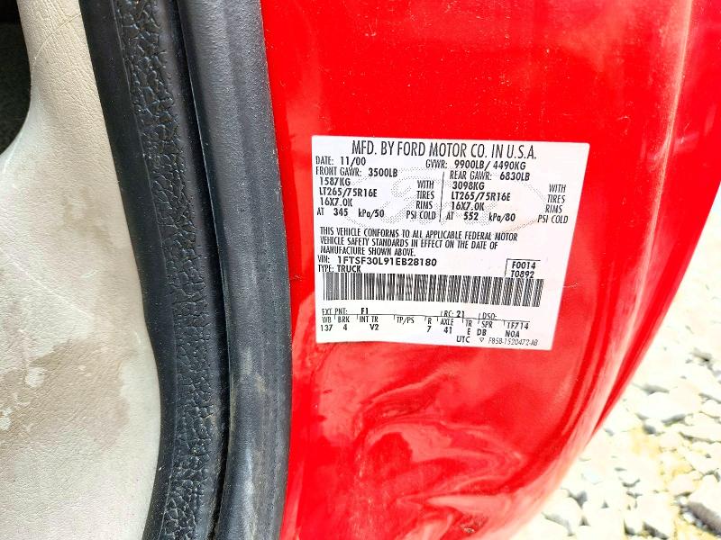 2001 Ford F350 მანქანა იყიდება აუქციონზე, vin: 1FTSF30L91EB28180, აუქციონის ნომერი: 62429966