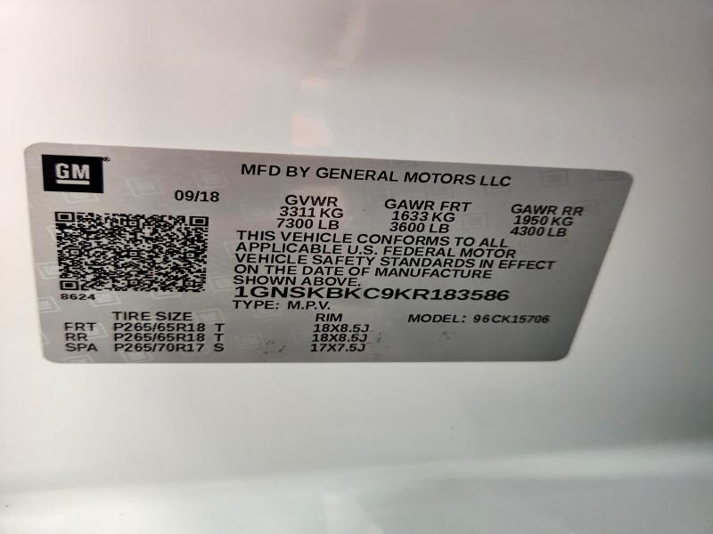 Продаж на аукціоні авто 2019 Chevrolet Tahoe, vin: 1GNSKBKC9KR183586, номер лоту: 62111826