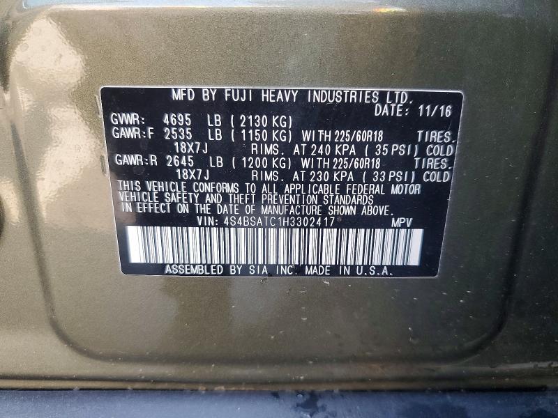 2017 Subaru Outback მანქანა იყიდება აუქციონზე, vin: 4S4BSATC1H3302417, აუქციონის ნომერი: 59152406