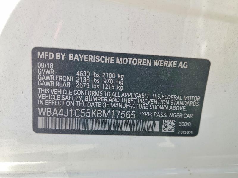 60689976 :رقم المزاد ، WBA4J1C55KBM17565 vin ، 2019 Bmw 430i مزاد بيع