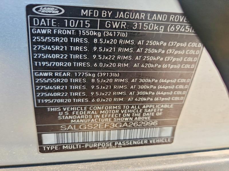 Продажа на аукционе авто 2016 Land Rover Range Rover, vin: SALGS2EF3GA262996, номер лота: 60739626