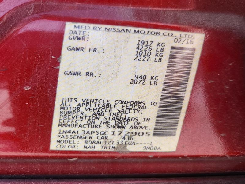 Продажа на аукционе авто 2016 Nissan Altima, vin: 1N4AL3AP5GC172905, номер лота: 62700606