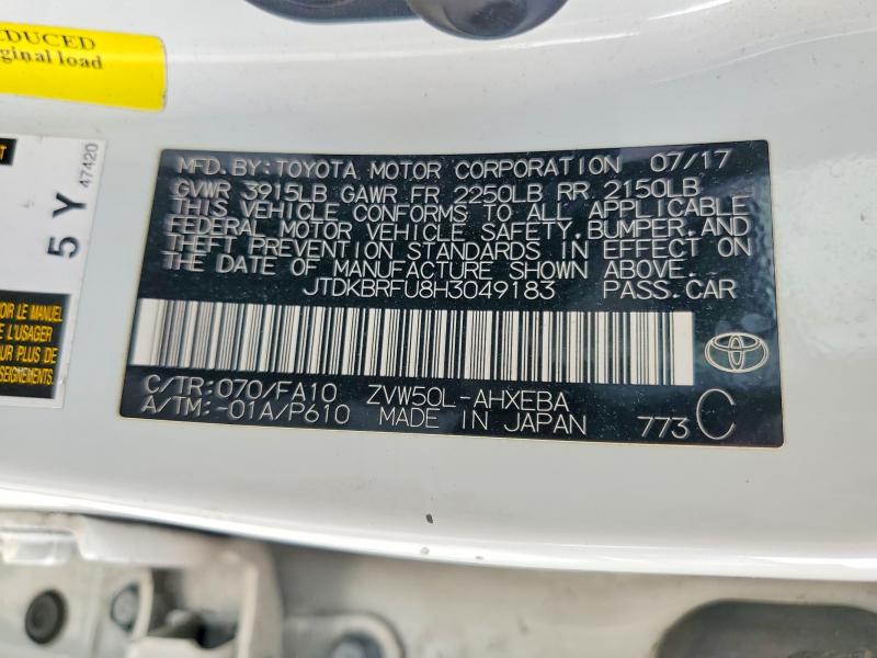 2017 Toyota Prius მანქანა იყიდება აუქციონზე, vin: JTDKBRFU8H3049183, აუქციონის ნომერი: 63045116