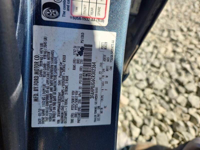 2012 Ford Fusion მანქანა იყიდება აუქციონზე, vin: 3FAHP0JG6CR302364, აუქციონის ნომერი: 61177516