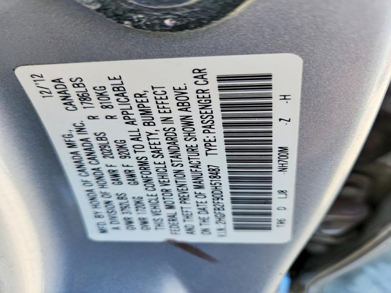2013 Honda Civic მანქანა იყიდება აუქციონზე, vin: 2HGFB2F90DH518487, აუქციონის ნომერი: 59400276
