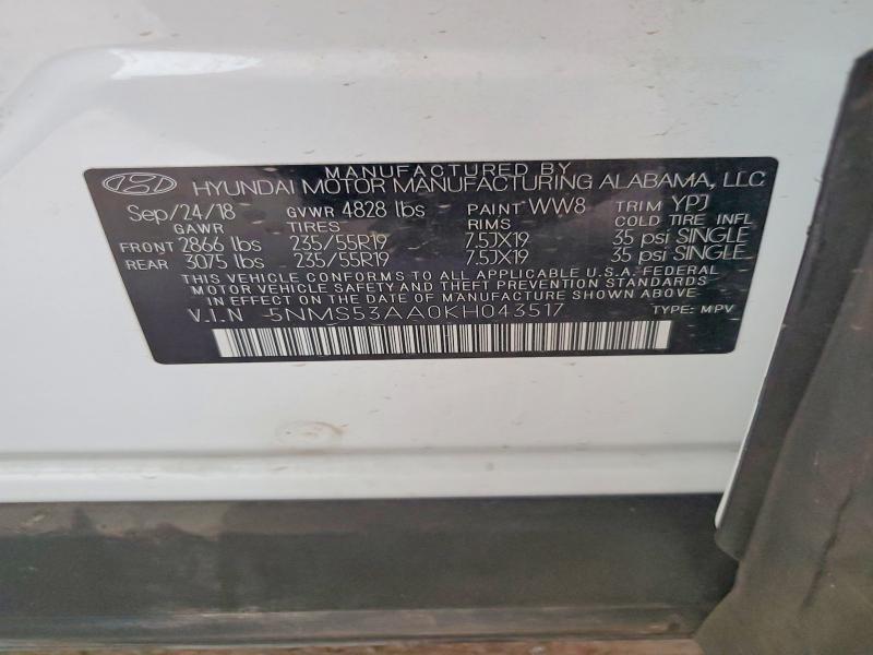 Aukcja sprzedaży 2019 Hyundai Santa Fe, vin: 5NMS53AA0KH043517, numer aukcji: 59922966