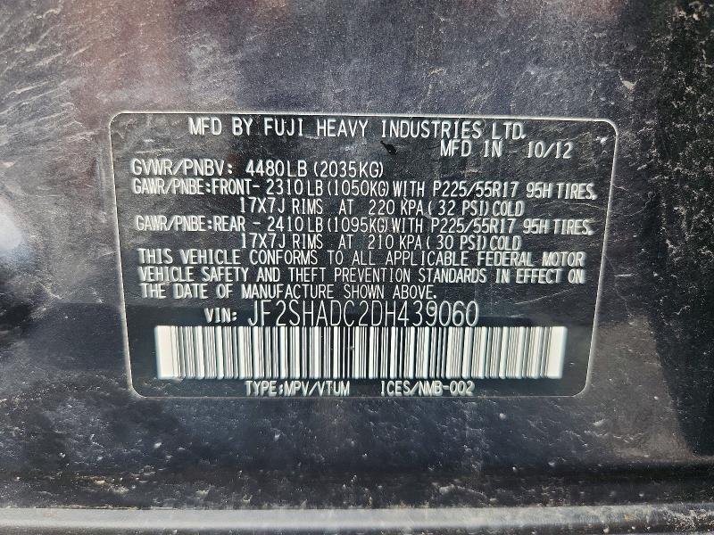 2013 Subaru Forester მანქანა იყიდება აუქციონზე, vin: JF2SHADC2DH439060, აუქციონის ნომერი: 58900536