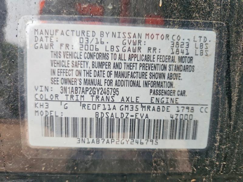 2016 Nissan Sentra მანქანა იყიდება აუქციონზე, vin: 3N1AB7AP2GY246795, აუქციონის ნომერი: 61071786