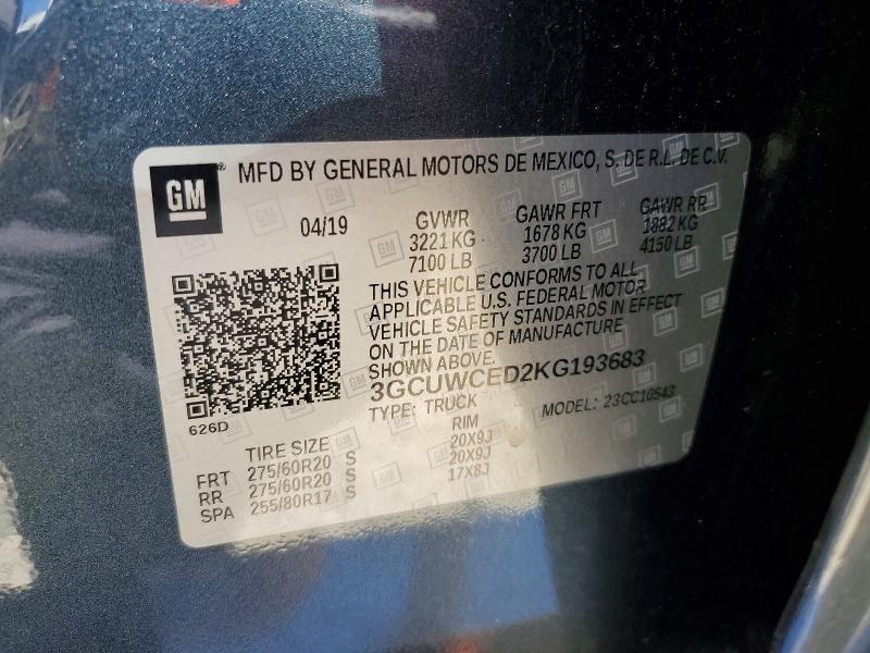 Продаж на аукціоні авто 2019 Chevrolet Silverado, vin: 3GCUWCED2KG193683, номер лоту: 59986766