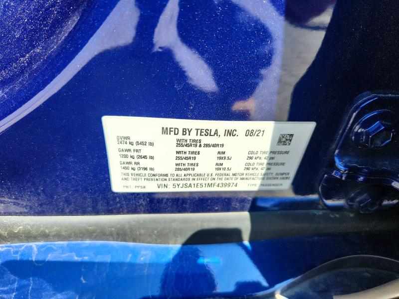 Aukcja sprzedaży 2021 Tesla Model S, vin: 5YJSA1E51MF439974, numer aukcji: 61157086