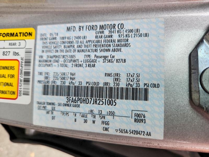 Aukcja sprzedaży 2018 Ford Fusion, vin: 3FA6P0HD7JR251005, numer aukcji: 58408816