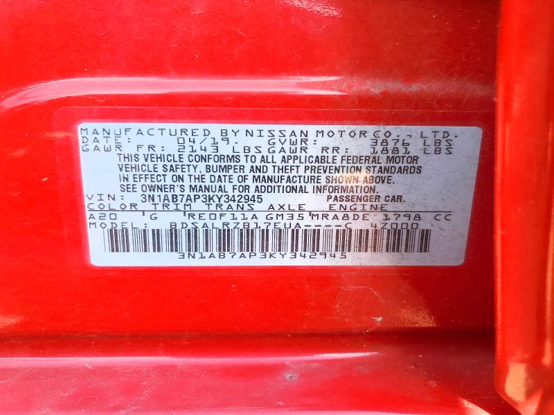 59267016 :رقم المزاد ، 3N1AB7AP3KY342945 vin ، 2019 Nissan Sentra مزاد بيع
