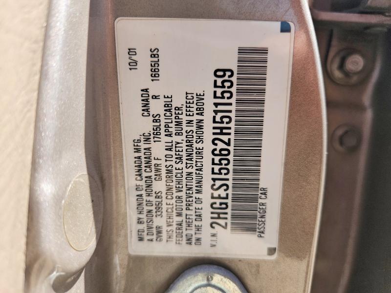 2002 Honda Civic მანქანა იყიდება აუქციონზე, vin: 2HGES15562H511559, აუქციონის ნომერი: 60714226