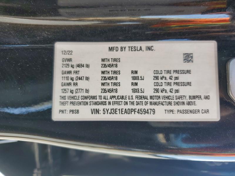 60759006 :رقم المزاد ، 5YJ3E1EA0PF459479 vin ، 2023 Tesla Model 3 مزاد بيع