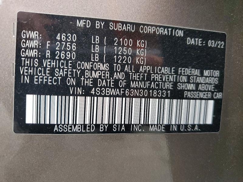 58932806 :رقم المزاد ، 4S3BWAF63N3018331 vin ، 2022 Subaru Legacy مزاد بيع