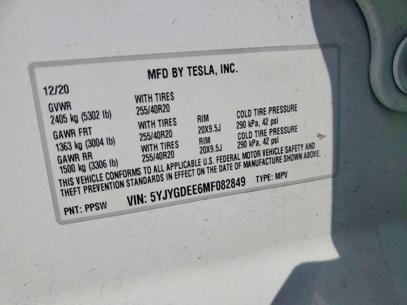 Продажа на аукционе авто 2021 Tesla Model Y, vin: 5YJYGDEE6MF082849, номер лота: 60759946