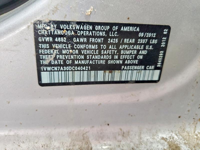 Aukcja sprzedaży 2013 Volkswagen Passat, vin: 1VWCN7A30DC040421, numer aukcji: 60305926